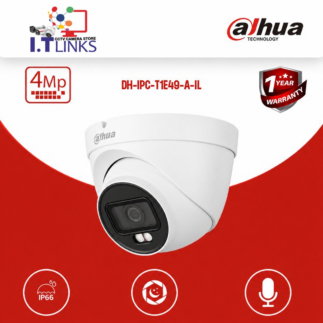 Dahua 4MP IP Turret Camera - DH-IPC-T1E49-A-IL